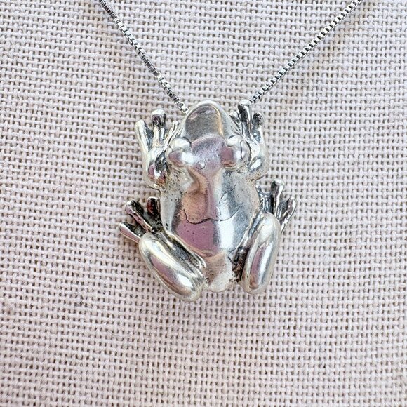 VTG Sterling Silver 925 Frog Three Dimensional Pendant Necklace Size 18" Length - Picture 1 of 13